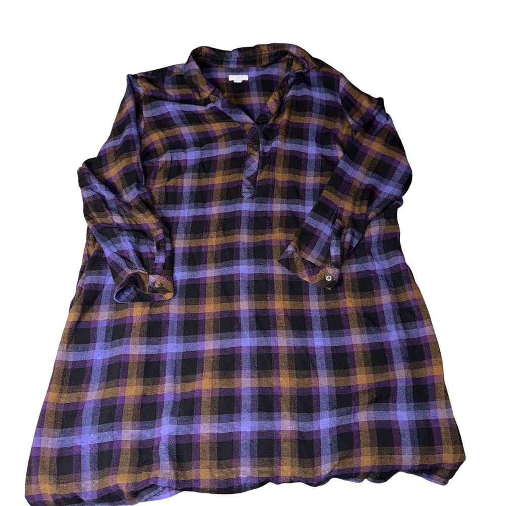 J.Jill Womens Plaid Button Down Shirt Dress Purple Gold Black 2X pockets soft‎